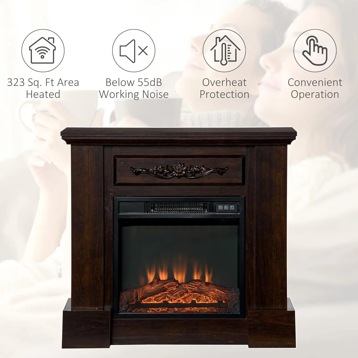 32" Electric Fireplace with Mantel, Freestanding Heater with LED Log Flame, Overheat Protection and Remote Control, 1400W, Brown 6