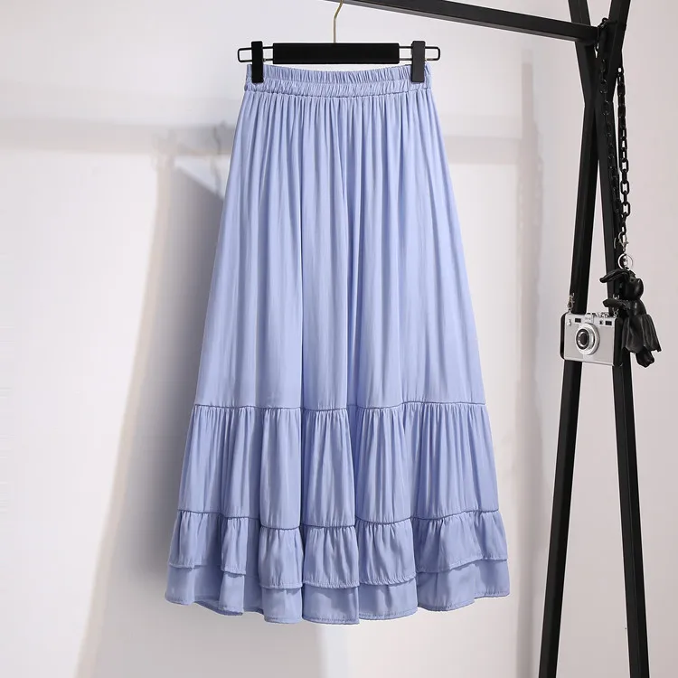 plaid skirt Summer New Ruffles midi Skirt Female Solid Elastic High Waist Korean Fashion Pleated Skirt Casual Black White Skirts Womens 2021 silk skirt