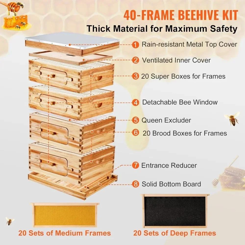 10 Frame Bee Hive, Beeswax Coated Fir Wood, 2 Deep + 2 Medium Bee Boxes Langstroth Beehive Kit for Beginners Pro Beekeepers