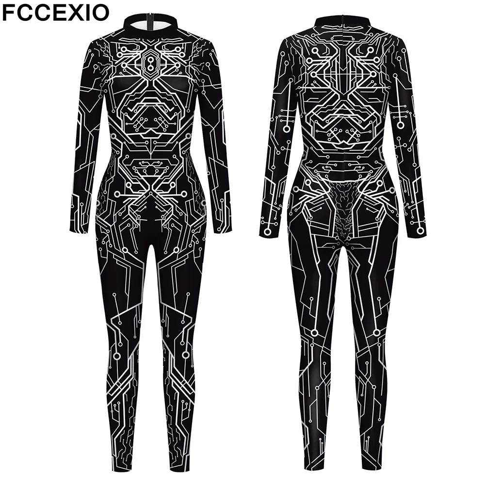 

FCCEXIO 2 Colors The Ultra Technology Pattern 3D Print Sexy Bodysuits Women/Men Long Sleeve Cosplay 2022 New Jumpsuit