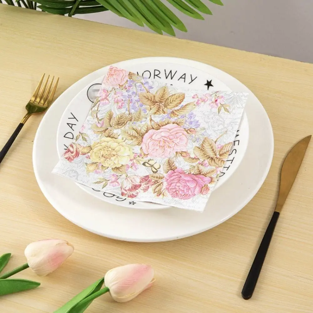 40PCS Table Decoration Disposable Flower Printed Paper Napkin Thickened Double Layer Paper Towels Square Soft Tissue Wedding
