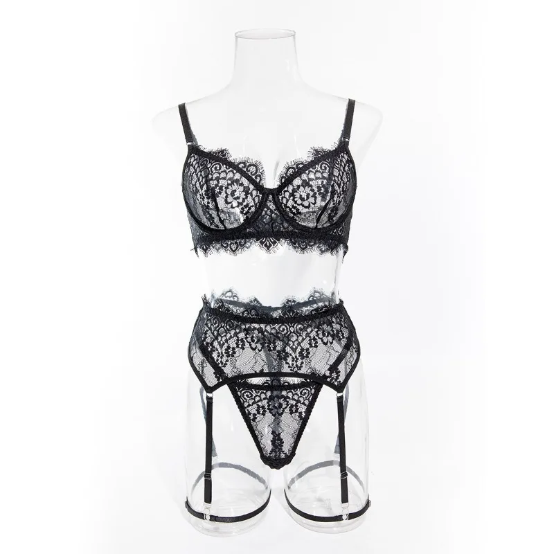Tornova Sexy Lace Underwear Set for Women Mesh Hollow Out Sexy Lingerie Suit Mesh See-through Solid Color Underwear 4-piece Set