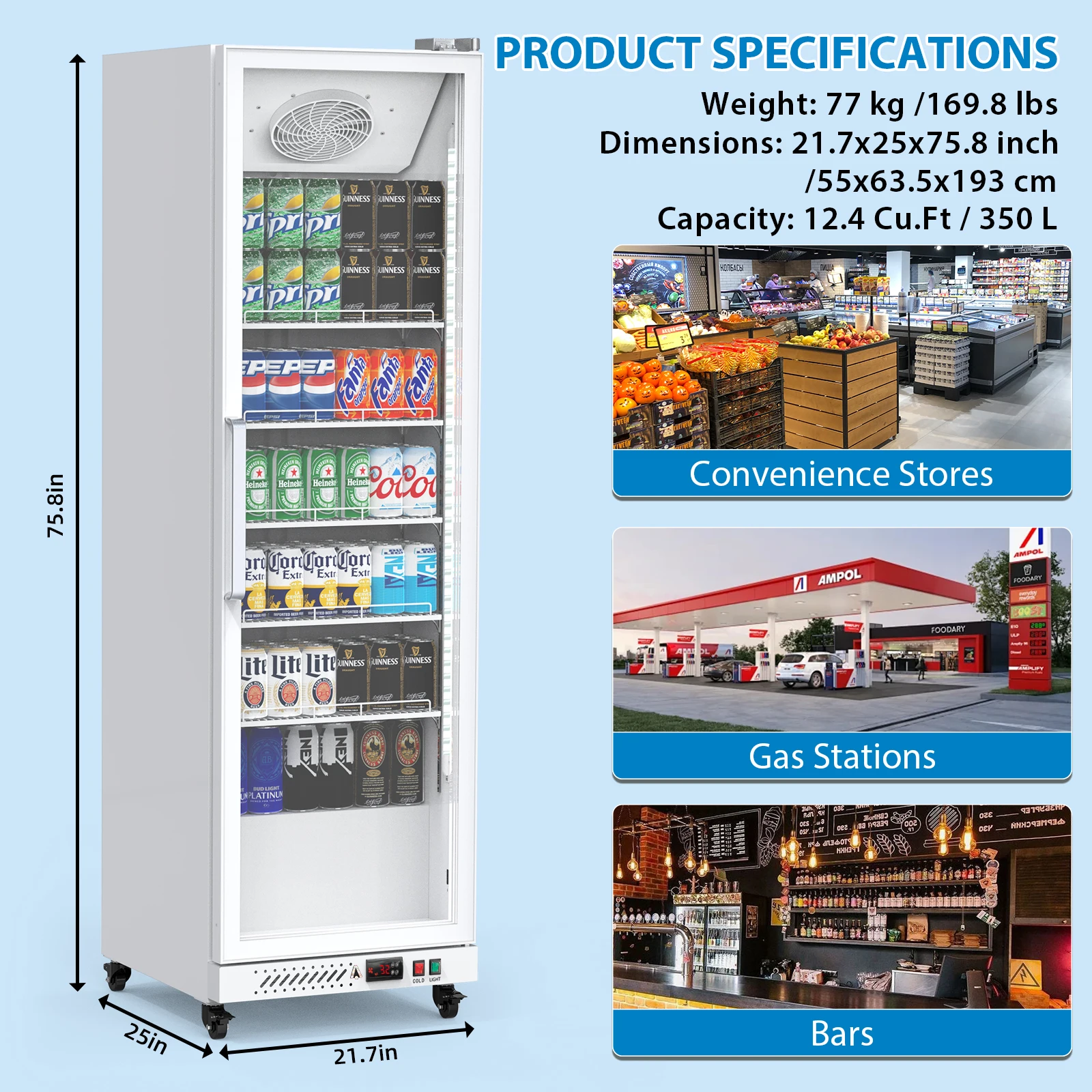 Commercial Refrigerator, 12.4 Cu.Ft. Fridge with Glass Door, Commercial Bar Cooler with Adjustable Shelves,Display Fridge 5