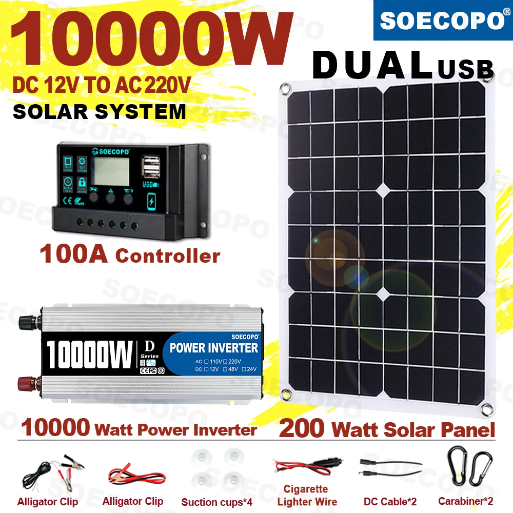Solar panel kit solar controller grid solar inverter solar accessories 10000W Solar System DC12V to 220V Off-Grid Inverter System 100A Controller 500W Panel Inverter for Home RV Camping CE Certified