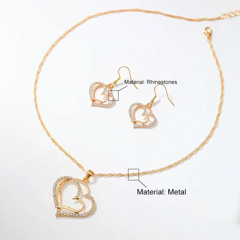 S486a848ac1684f8ebdf6800847392babY 3 Pcs Set Heart Shaped Jewelry Set of Earrings Pendant Necklace For Women Exquisite Fashion Rhinestone Double Heart Jewelry Set Mallzona