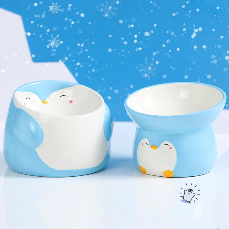 

Cat Elevated Bowl Ceramic Pet Cute Food Water Feeders Dogs Raised Tilted Driking Eating Bowls Penguin Shape Feeding Supplies