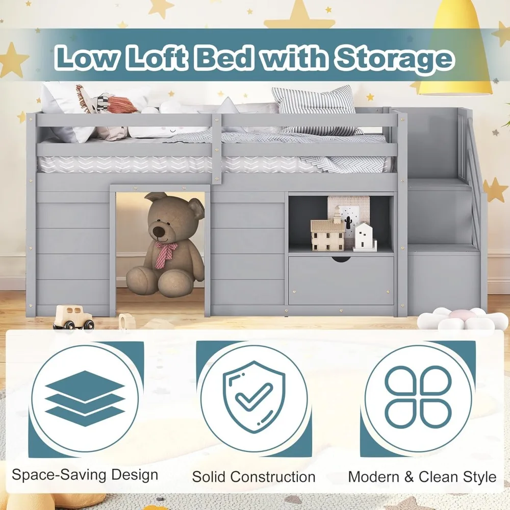 Children Beds, Twin Size Low Loft Bed with Playhouse Loft Bed Frame with Drawer, Stairs and Safety Guardrail for Teens 4