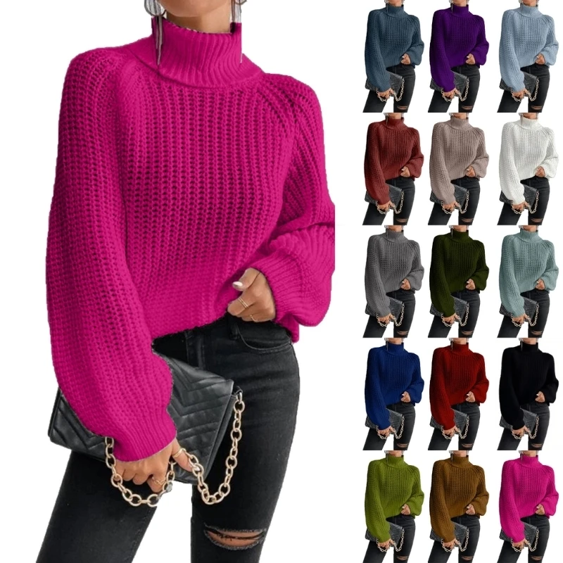 573B Fashion Knit High Neck Sweater For Women Thick Winter Polyester Cable Weaving Design Long Sleeves Loose Fit Tops