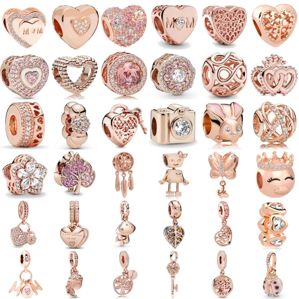  로즈 골드 시리즈 하트 모양, 카메라 비드 잎 펜던트 유럽 오리지널 팔찌 DIY 절묘한 보석에 적합