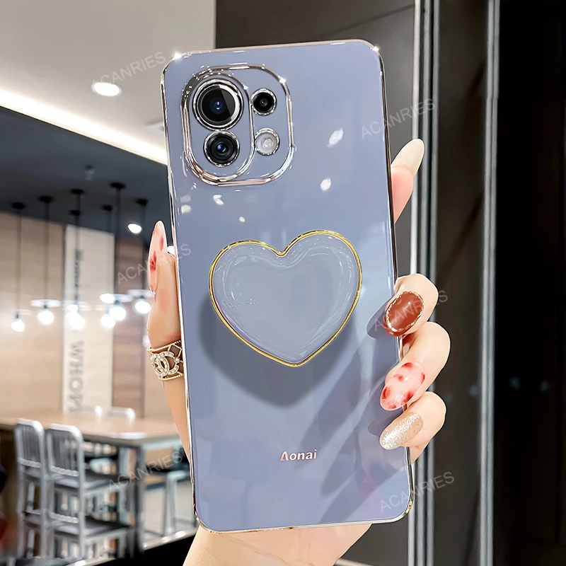 Luxury Plating Love Heart Phone Holder Case - Soft Silicone Stand Cover