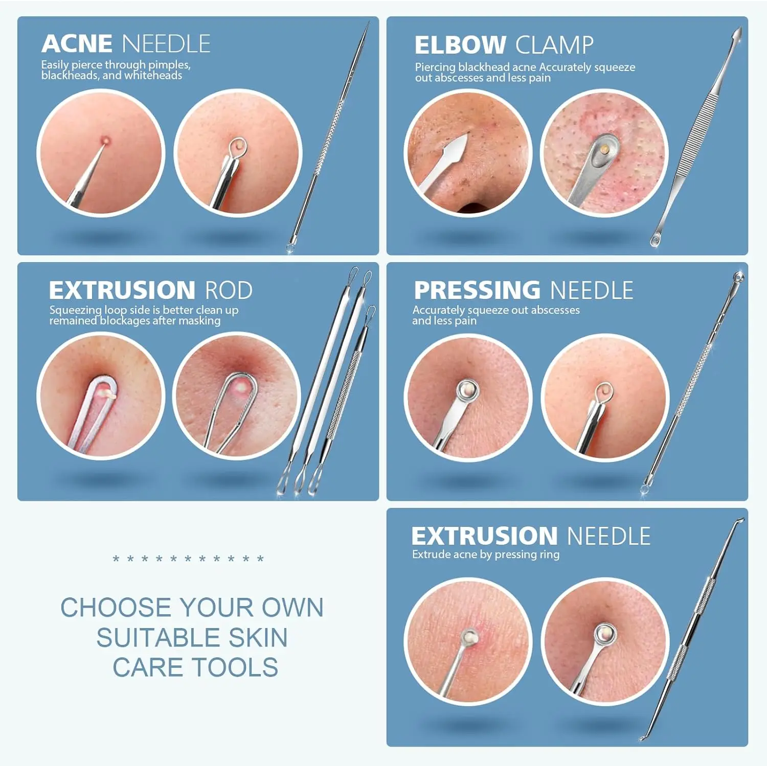 7pcs Blackhead Remover Kit Stainless Steel Needles Set Pimple Comedone Extractor Tools for Cleaning Facial Skin and Nose