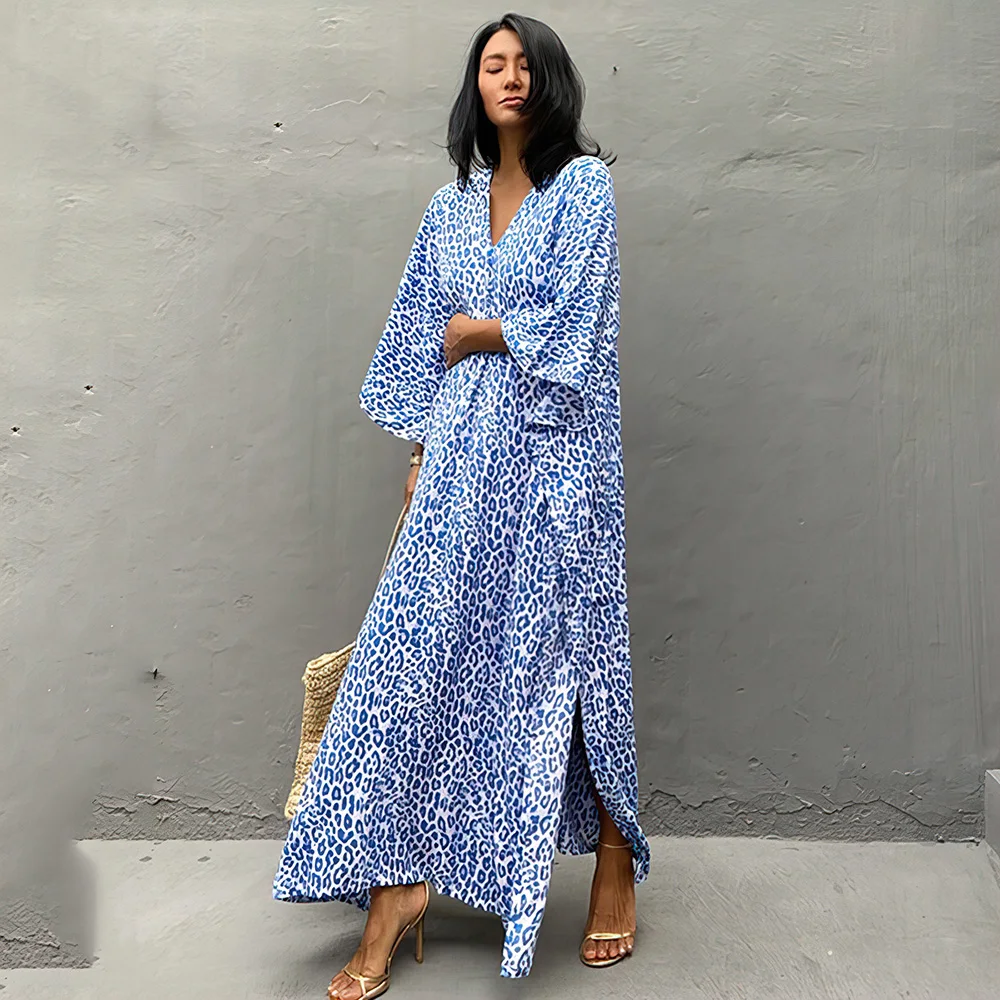 Boho Leopard Print Women Long Dress Swimwear Cover-ups Rayon Kimono Kaftan 2022 Summer Bikini Cover Up Female Dresses Beachwear bikini cover up skirt