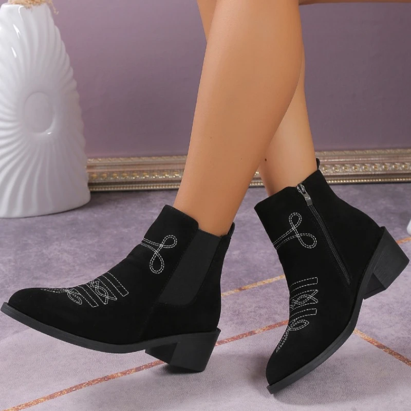 

2023 High Quality Shoes for Women Winter Mid-Calf Women's Boots Mixed Colors Pointed Toe Zipper Chunky Heel Rome Fashion Boots