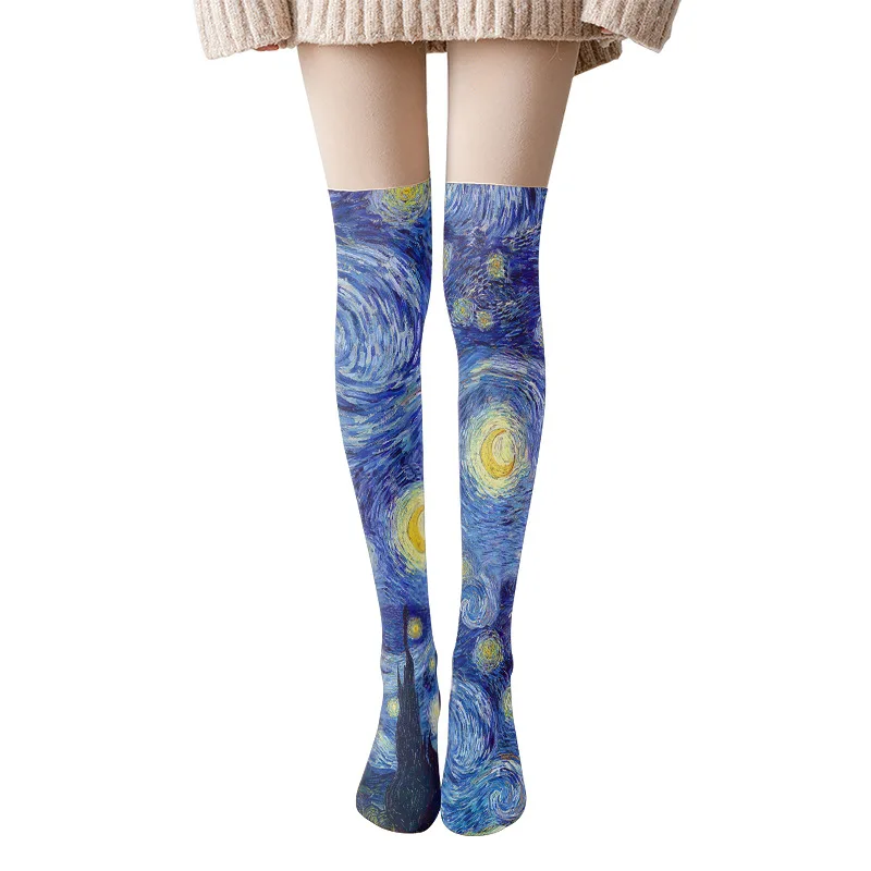 Oil Painting Long Stockings Sunflower Mona Lisa Thigh High Socks For Women Over Knee Cute The Starry Night Thin Legwear Van Gogh