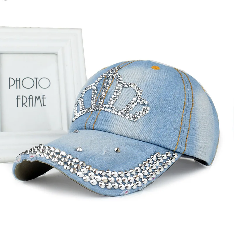 New Women Washed Denim Rhinestone Crown Baseball Cap Fashion  display picture 2