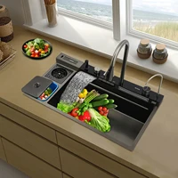 Multifunctional 304 Stainless Steel Kitchen Sink Set, Digital Display Single Bowl Washbasin with 2 Multi-function Faucet 4