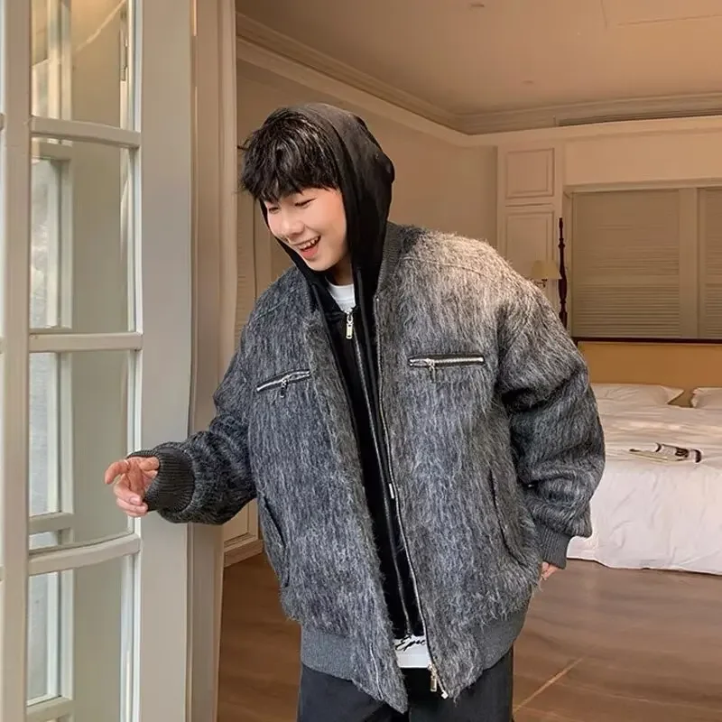 High-End Illusionzip-up Hooded Jacket Two-Piece Couple Costume Men's Autumn Winter Cropped Wool Overcoat Thickened Jacket