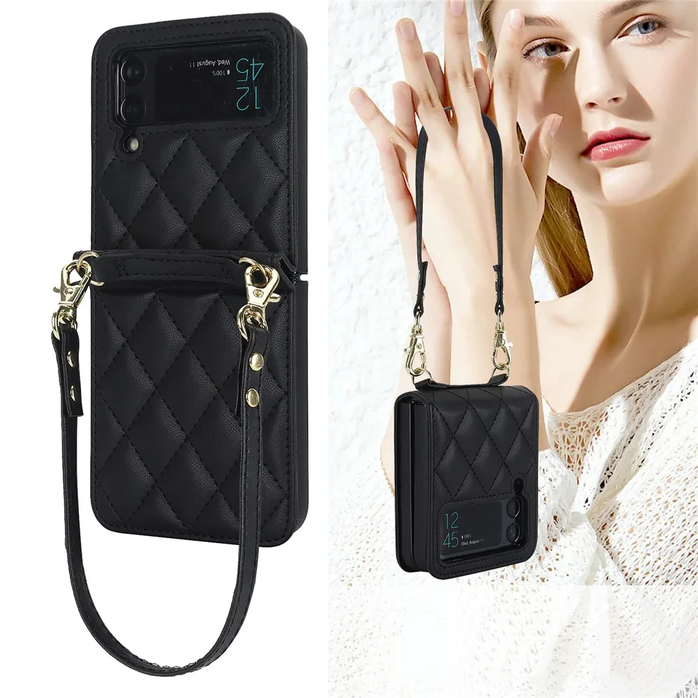 Crossbody Lanyard Leather Zipper Wallet Card Phone Case for Samsung Galaxy Z Flip 5 4 3 Flip5 Flip4 Flip3 Wrist Rope Stand Cover