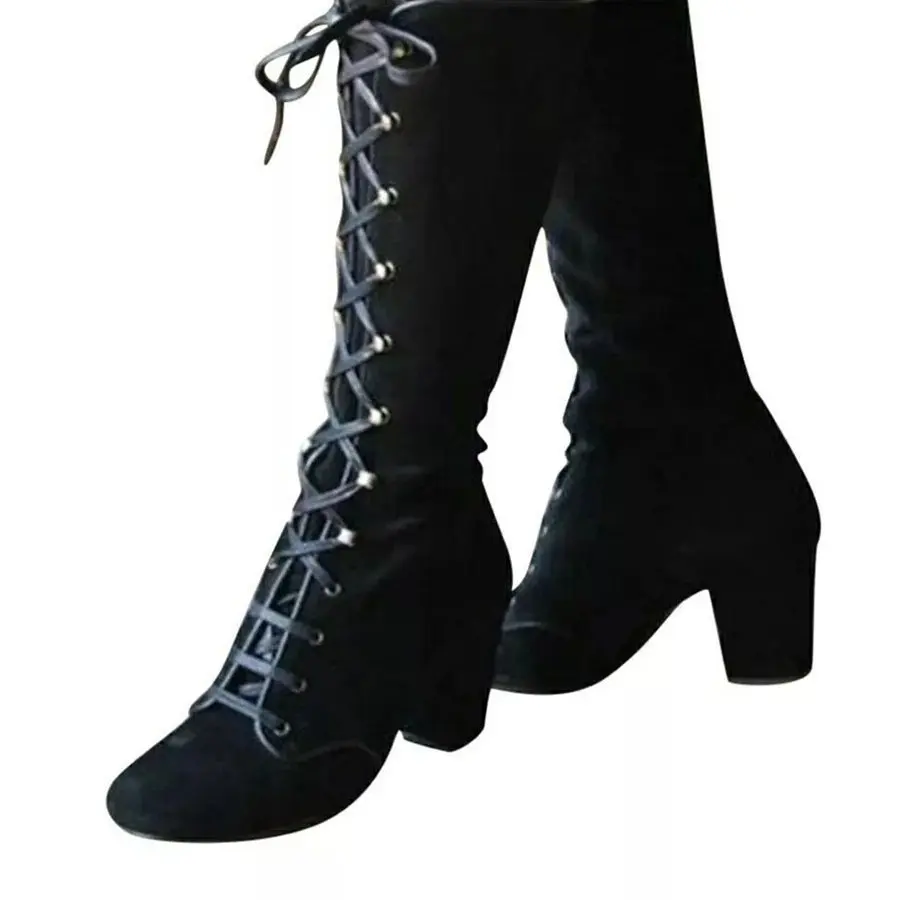 

Женские сапоги до колена, осенняя женская обувь, зимняя Винтажная обувь на плоской подошве со шнуровкой, пикантные кожаные ретро сапоги с пряжкой в стиле стимпанк для снежной погоды