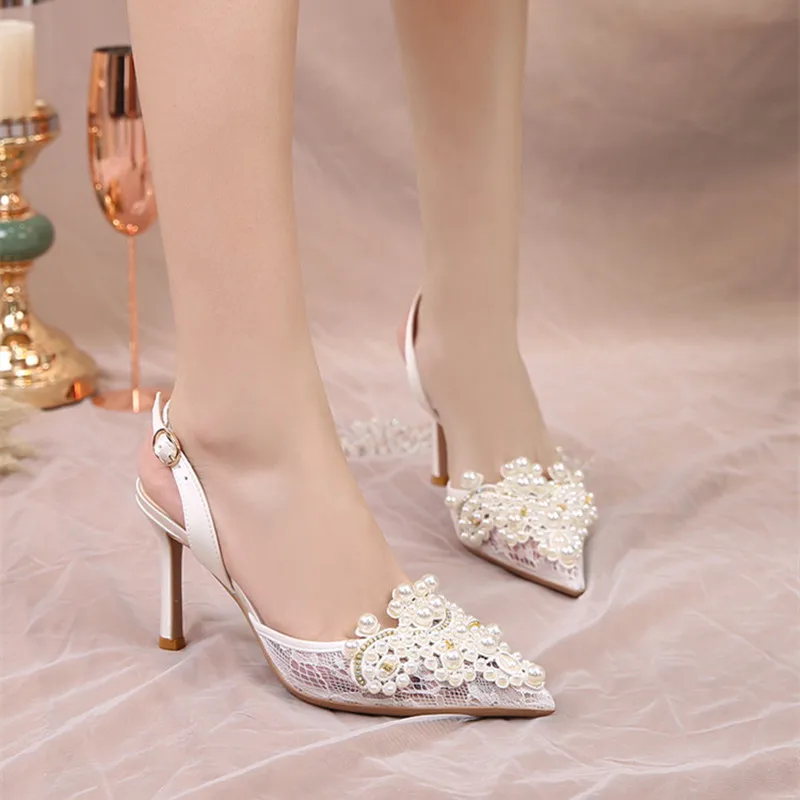 

White Summer Pumps For Women Party Dress Shoes Pointed-toe Satin Lace 6.5cm Thin High Heels Pearls Ladies Office Wedding Shoes