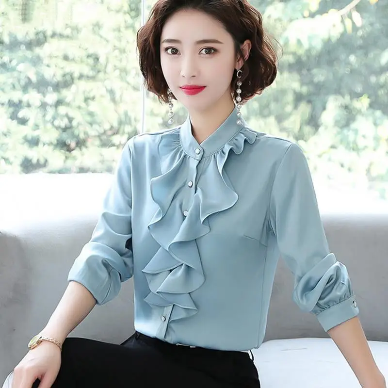 

Spring Autumn Ruffles Women's Long Sleeve Top Blouse Korean Fashion Slim Fit High Quality Business Attire Designer New