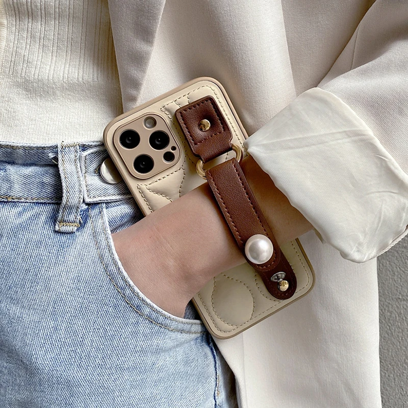 Elegant Leather Pearl Wrist Strap Stand Case with Water Ripple Design