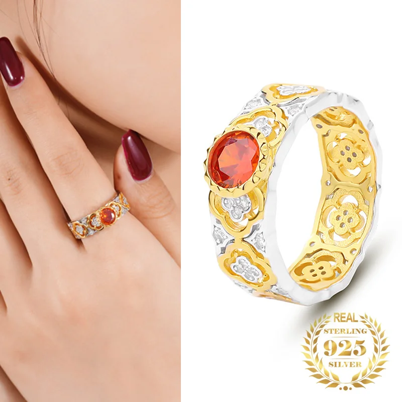 

Vintage Bicolor Real 925 Sterling Silver Finger Red Zircon Luxury Ring Hollow Out Flower Diamond Ring for Women Fine Jewelry