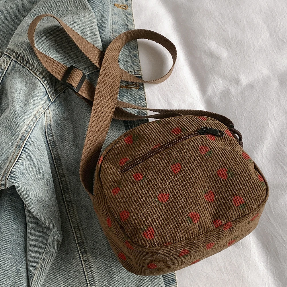 Cute Strawberry Trendy Crossbody Bag Corduroy Messenger Bag Casual Zipper Tote Handbag for Women Travel Work
