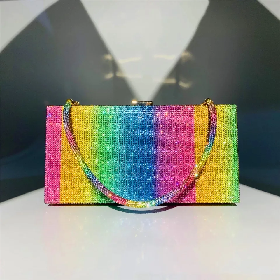 Rainbow Rhinestone Evening Clutch Handbag Money Purse Sparkling Bling Crystal Crossbody Shoulder bags Wedding Cocktail Party Bag