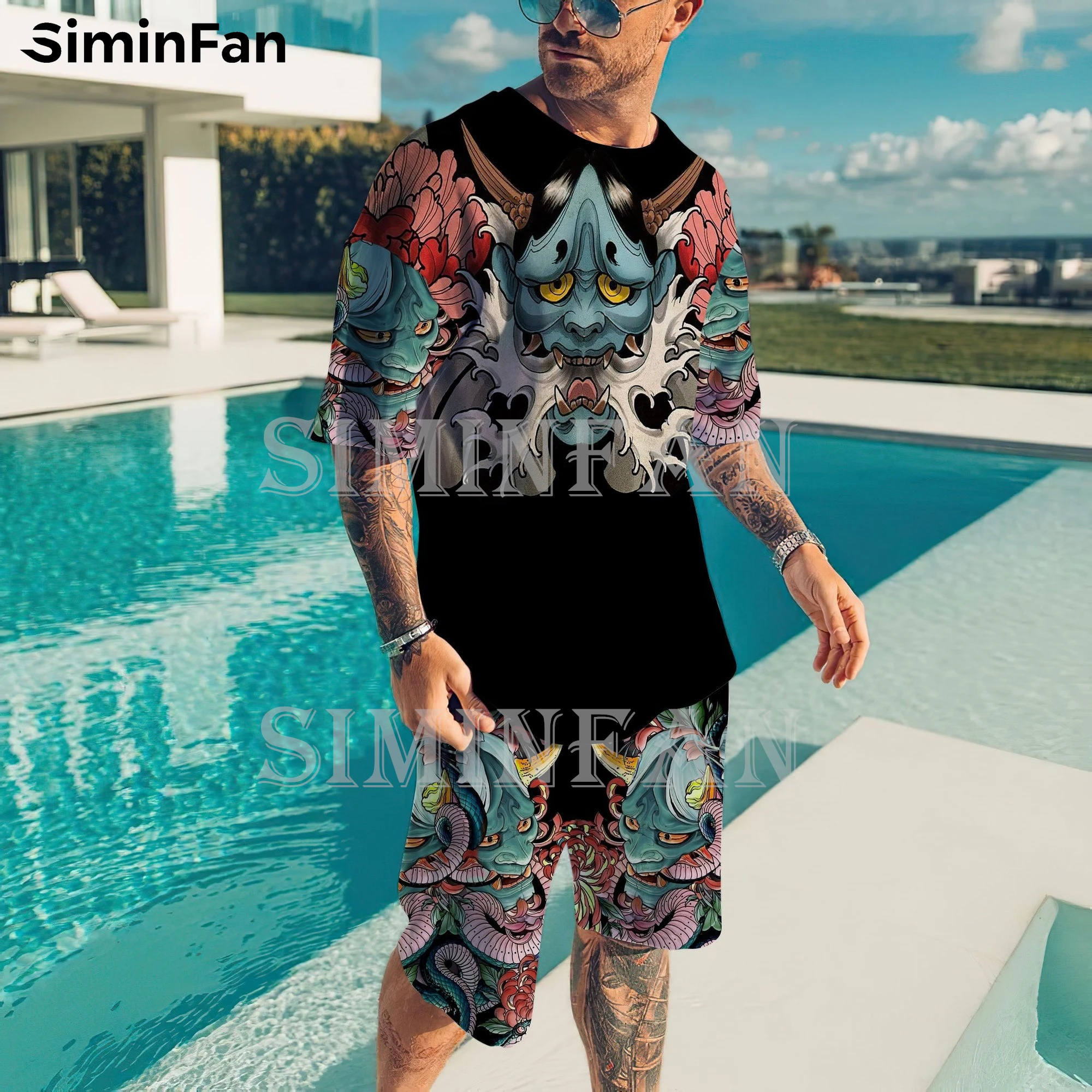 Samurai Oni Mask Tattoo-Camiseta con estampado 3D para hombre, conjunto pantalones cortos de playa,