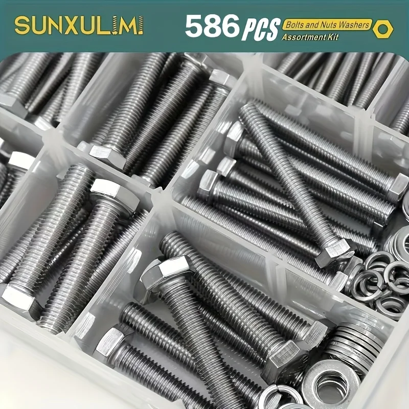 236PCS/ 586PCS M6 M8 M10 Heavy Duty Bolts and Nuts Assortment Kit 304 Stainless Steel(18-8) Hex Screws Nuts & Washerss kit