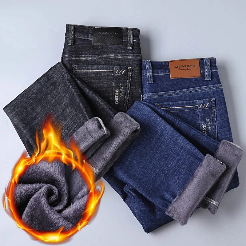 

Winter Thermal Warm Flannel Stretch Jeans Mens Winter Quality Famous Brand Fleece Pants Men Straight Flocking Trousers Male Jean