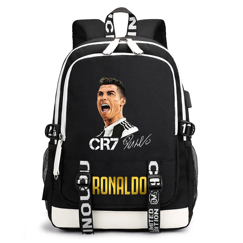 Школьный ранец с принтом Роналду для студентов, детский рюкзак для школы, уличная дорожная сумка с usb, черная Повседневная сумка