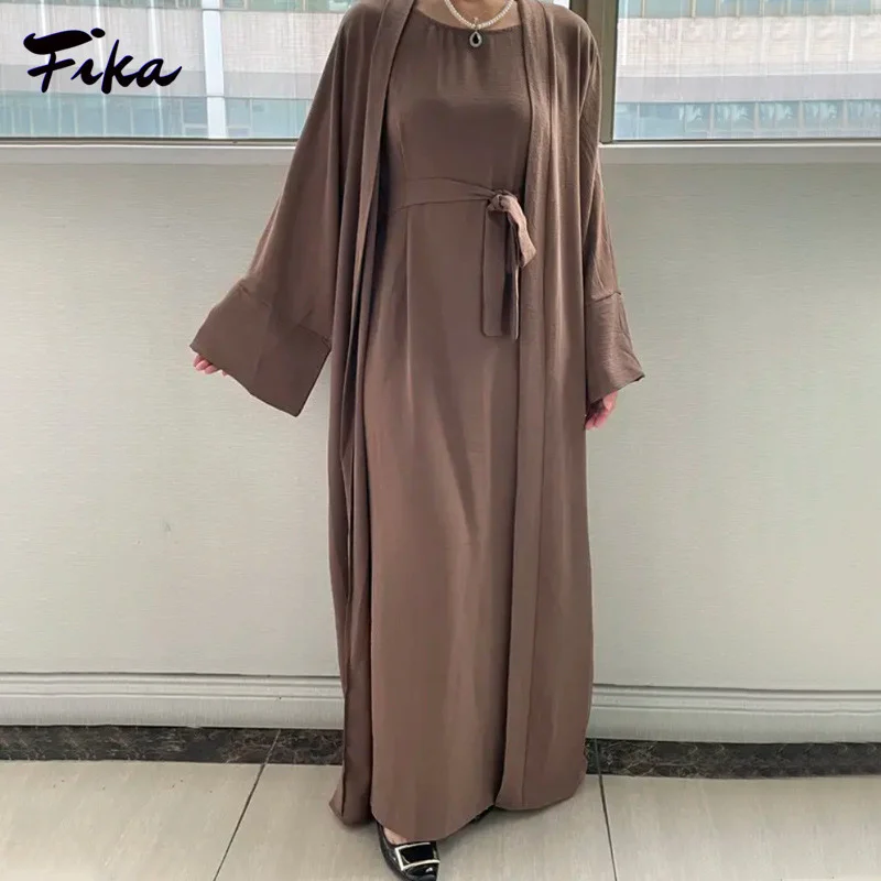 

Ramadan Robe Casual Solid Sleeveless Inner Dress with Belt and Long Robe Muslim Sets Islamic Clothing Prayer Dress Set