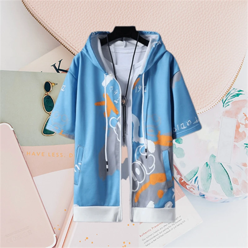 

2023 Men's Summer Fashion Cartoon Print Short Sleeve Zipper Sweatshirts Youth Man Y2K Streetwear Casual Pockets Hoodies Jackets