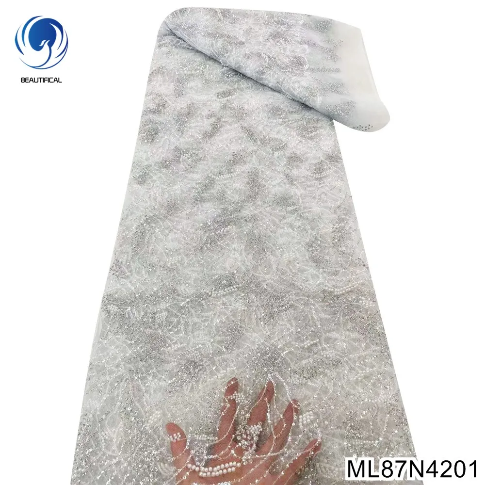 

5 yards Fashion Sexy Dress Bag Hip Skirt African Sequins Lace with French Pearlet Beaded Lace Fabric for Party Dress ML87N42