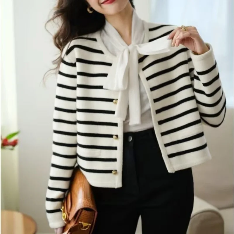 Korean Chic Elegant Office Lady Stripe Cardigan Matching Vintage Coats & Blouses Pretty Women's Sweaters Female Long Sleeve Top