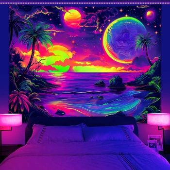Tapisserie réactive UV 1 pièce, tapisserie de plage, cocotier, ciel étoilé, univers, coucher de soleil, tenture murale esthétique pour chambre et salon 1
