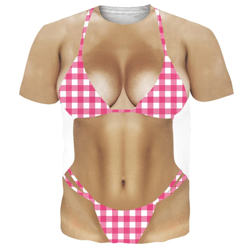 Funny Bikini Graphic T Shirts For Men 3d Printed Fake Abs Muscle Short Sleeve T-shirt Women Cosplay Costume Novelty Tees Shirt