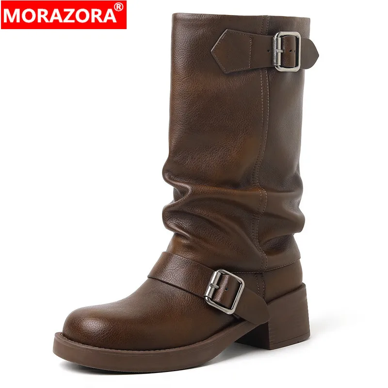 

Женские мотоциклетные полусапожки MORAZORA, Черные полусапожки из натуральной кожи, на квадратном среднем каблуке, с пряжкой, Осень-зима 2024