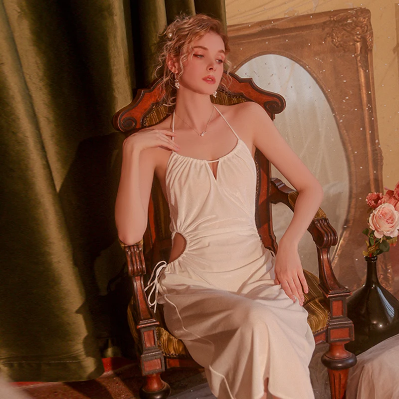 Sexy Mousse Ladies Summer Lingerie Sexy Halter Neck Backless Velvet Pajamas Hollowed Long Nightdress Women's Clothes Suit White