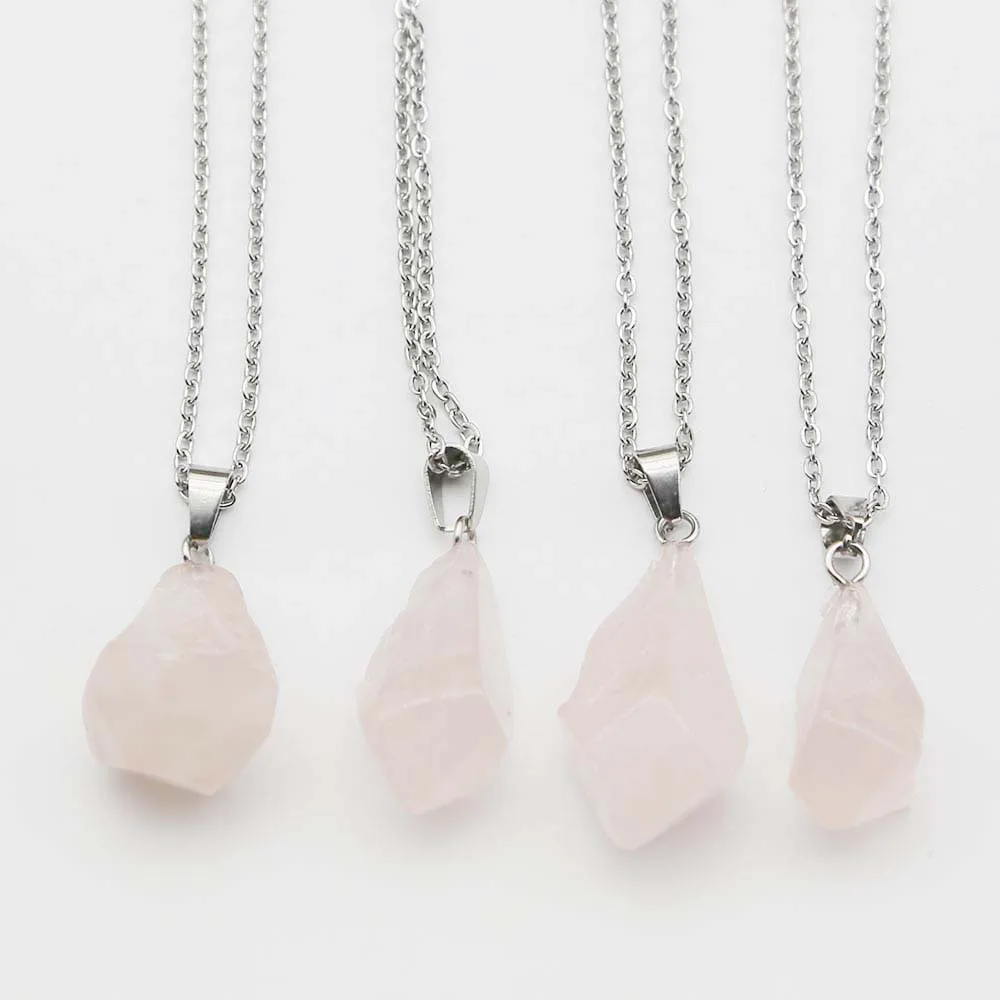 Natural Raw Ore Stone Stainless Steel Chain Irregular Rose Quartz Pendant Necklace Charm DIY Accessories Jewelry Wholesale 10Pcs