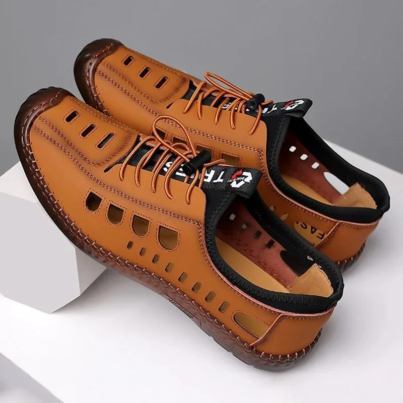 Men's Soft Leather Sandals Breathable Hollow Out Non-slip Cow Tendon Sole Casual Business Leather Shoes Outdoor Beach Shoes