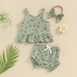 Summer Toddler Newborn Baby Girl Clothes Set Cotton Sleeveless Tank Tops Floral Print Shorts Headband Infant 3Pcs Outfits