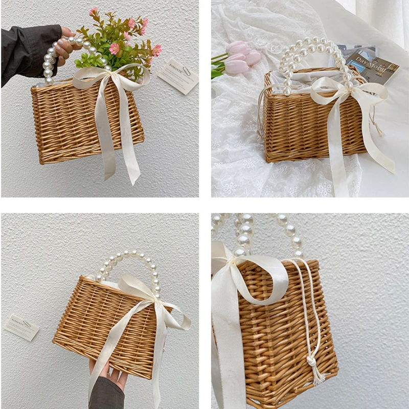 Summer Rattan Woven Tote Bags for Women Straw Beach String Hand Bag Basket Box Ladies Holiday Totes Handbag