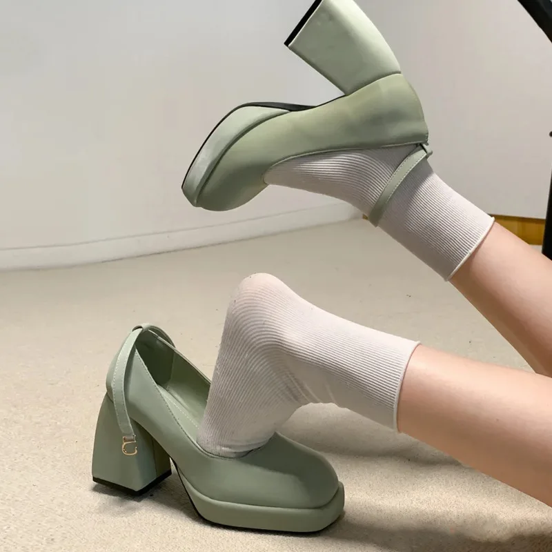 

New Light Green Mary Janes Women High Heels Thick Heel Square Toe Shoes Elegant Ladies Fashion Black White Pumps Zapatos Mujer