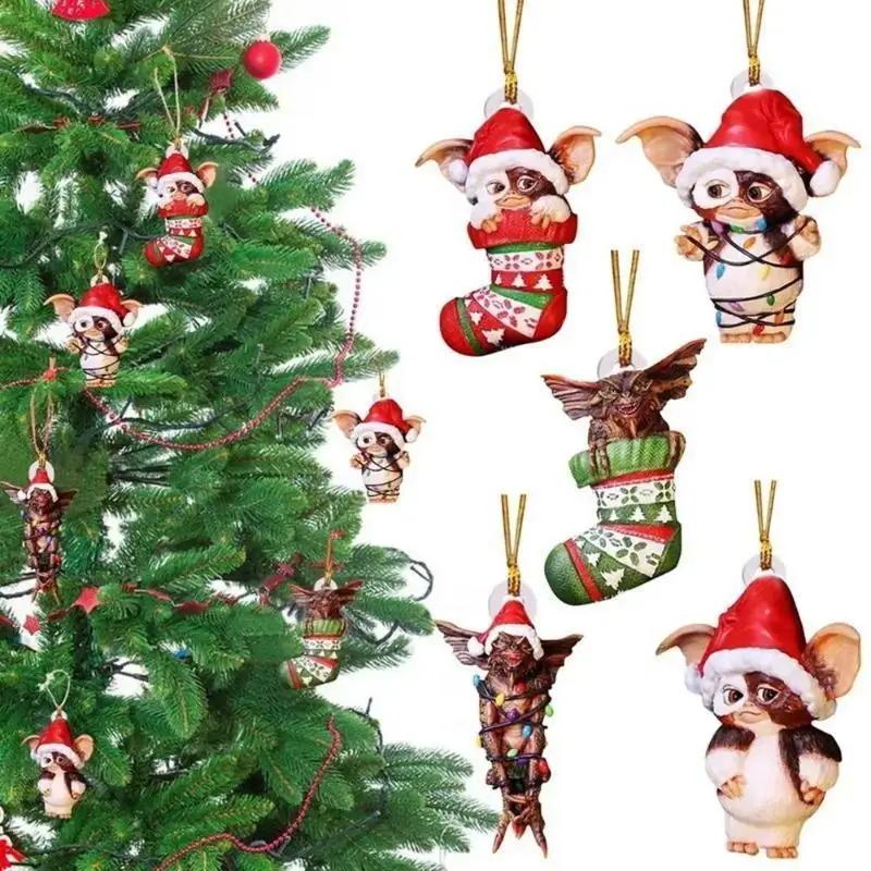 Christmas Socks Dog Elfish Santa Hat Cute Acrylic Puppy Gremlins Hanging Chrismtas Tree Decor Pendants Birthday Parties Decor