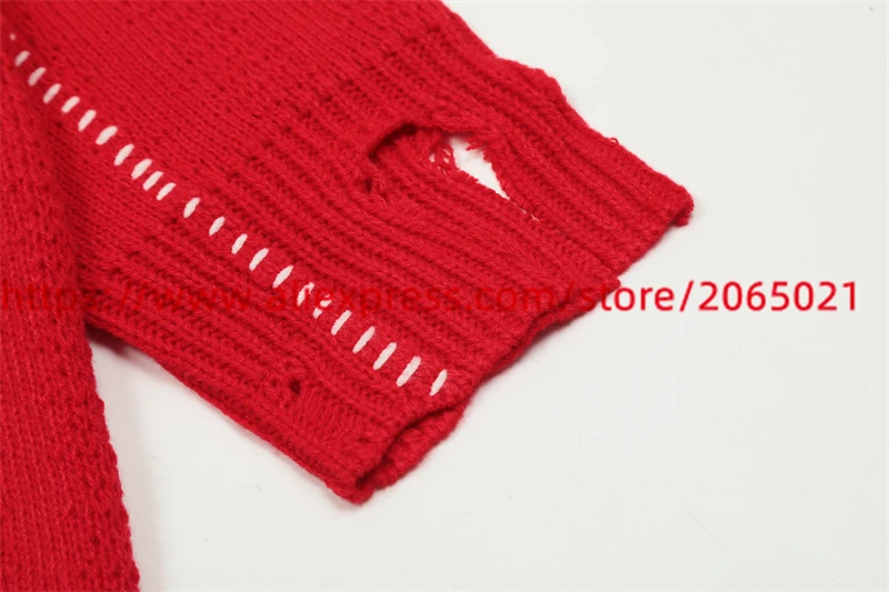 RAF SIMONS Vintage Badge Damaged Irregular Loose Red Sweater Knit Men Women Top Quality Casual Sweatshirts
