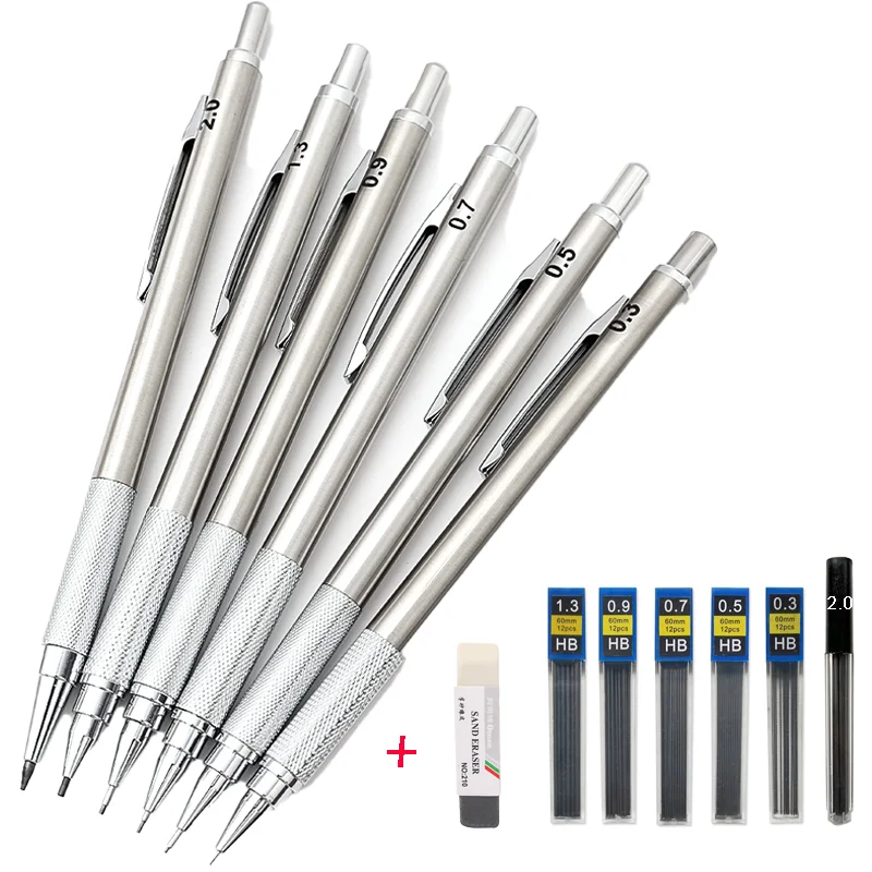 Metal Mechanical Pencil Set 0.3/0.5/0.7/0.9/1.3/2.0mm Drawing Automatic Pencil With Leads Office School Writing Art Supplies