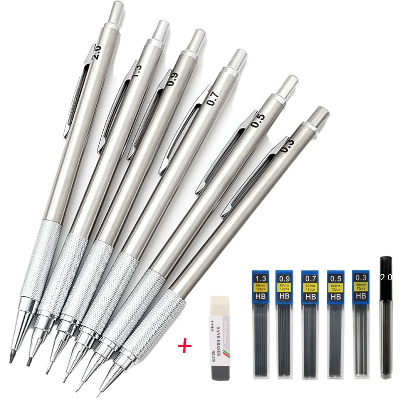 

Metal Mechanical Pencil Set 0.3/0.5/0.7/0.9/1.3/2.0mm Drawing Automatic Pencil With Leads Office School Writing Art Supplies